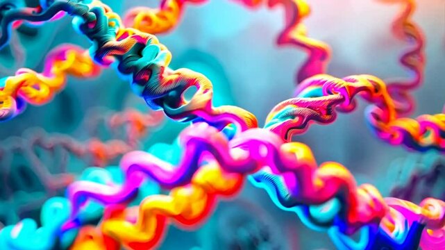 Vibrant Helix Dance: A kaleidoscopic 3D render of intertwined protein strands, illustrating the complex beauty of molecular biology.