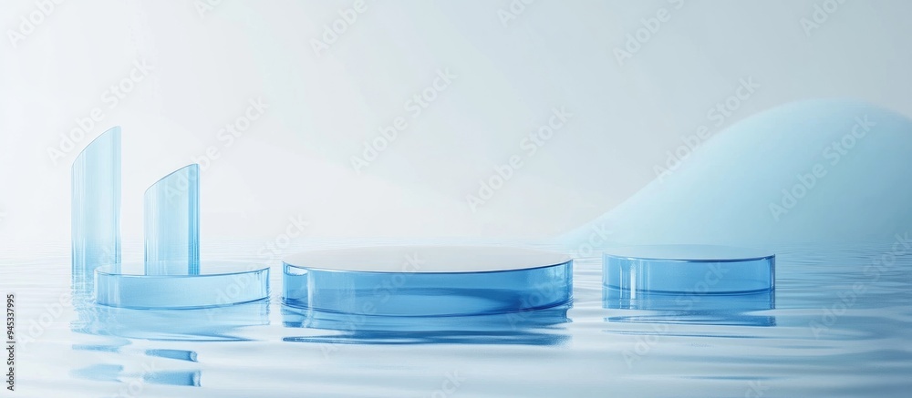Aufkleber 3d blue glass display podium on water with a light blue backdrop realistic rendering for product pre