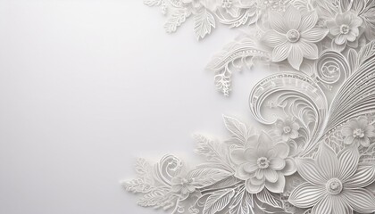 White background with lace-inspired floral patterns on the left side