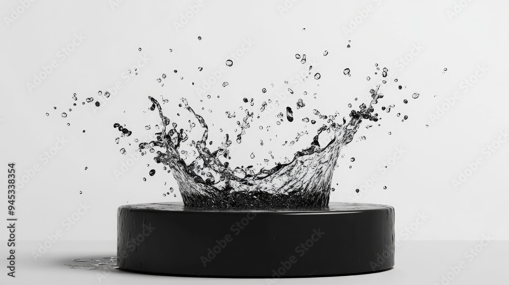 Poster 3d rendering of a black podium with water splashing against a white backdrop