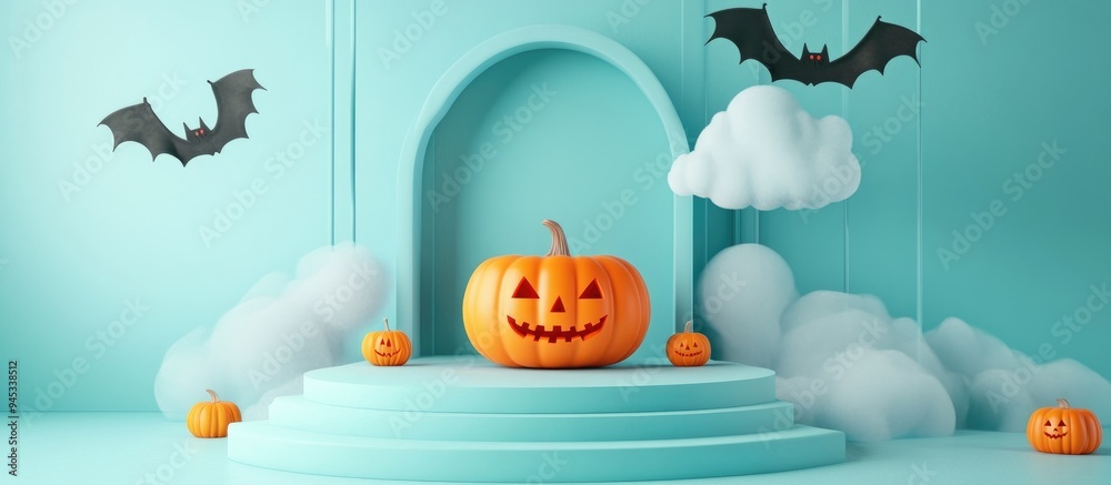 Aufkleber 3d rendering of a podium featuring halloween themed elements including a pumpkin bat and cloud suita