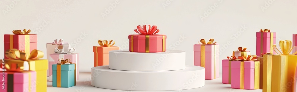 Poster 3D rendering of a podium surrounded by vibrant gift boxes against a white backdrop with clipping path