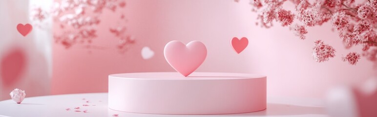 3D render of a minimalistic sweet scene featuring a display podium for mockup and product brand showcase Pink pedestal designed for a romantic theme adorned with a charming heart backdrop Ideal fo