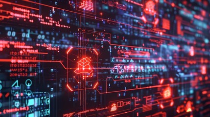 Urgent data breach alert  high tech virtual screen with warning symbols and glowing code fragments