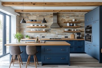Obraz premium Blue kitchen cabinets and wooden shelf with island, dining table and chairs
