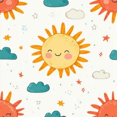 A cartoon sun smiling with a cloud in the background
