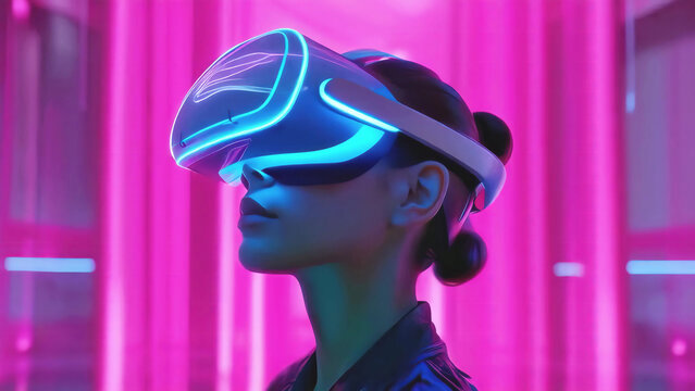 Close-up portrait of a person wearing a virtual reality headset in blue and purple neon lighting, symbolizing immersive technology and futuristic experiences new stock image illustration AI