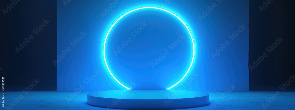 Poster 3D rendering of an abstract blue background featuring a blank podium for product display
