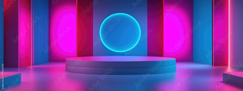 Poster 3D rendering of a studio featuring geometric shapes and a podium on the floor designed for product display and mock up purposes