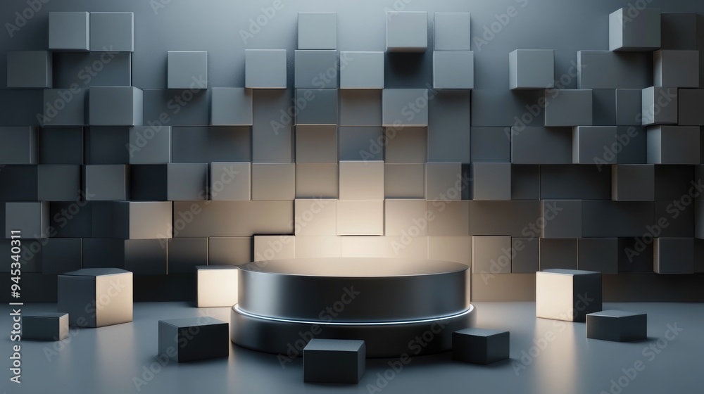 Poster 3D rendering of a podium surrounded by reflective cubes on a gray backdrop with lighting effects