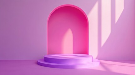 3D rendering of a pink and purple podium with an arch against a pink wall showcasing a product presentation for an LGBTQ theme