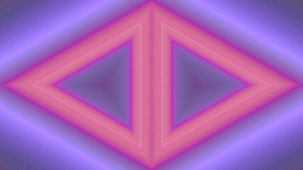 Retro grainy ultraviolet background with triangles in shape of glowing rhombus frame. Video channel screen 16:9 in lilac, purple, neon orange. Grunge texture, copy space, nostalgia, 80s 90s web design