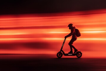 A person is skillfully riding an electric scooter along a rugged dirt road during the nighttime hours, enjoying the cool evening air