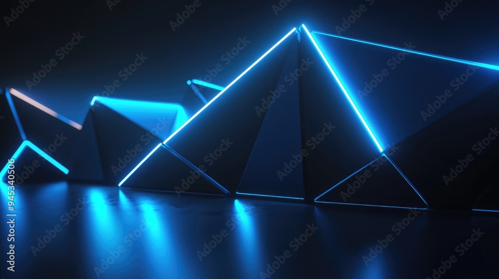 Poster 3d rendered black geometry illuminated by blue gradient neon lights against a dark backdrop