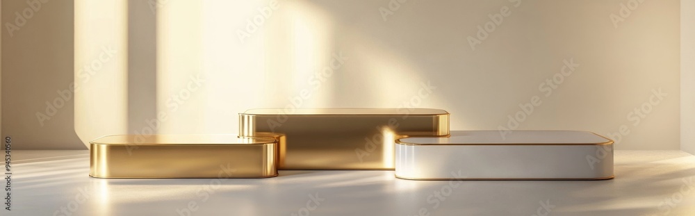 Aufkleber 3D rendering of gold and white podiums featuring rectangular shapes on a light background Three platforms designed for showcasing products