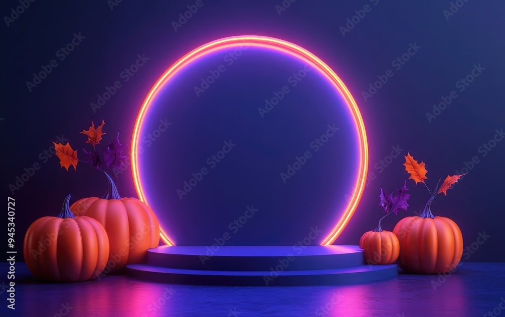 Poster 3d render of a set of pumpkins for halloween with a podium for product presentation