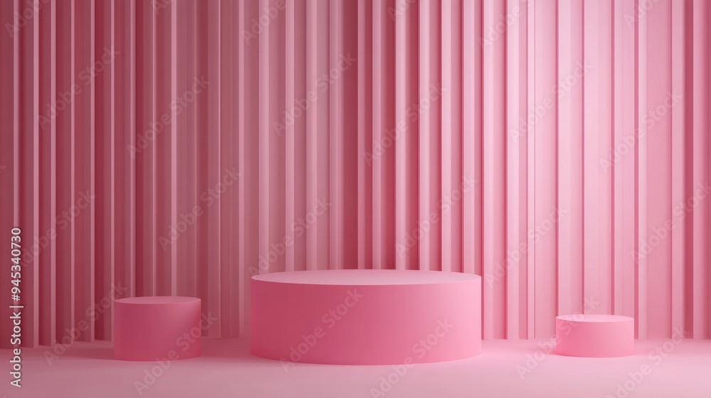 Poster 3D pink cylinder podium in a minimal studio setting Abstract geometric shape illustration for displaying products