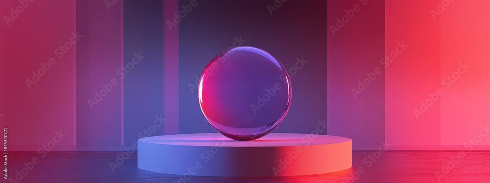 Aufkleber 3D render of an abstract geometric background featuring a translucent violet red round glass Modern minimalist display mockup with an unoccupied pedestal and empty podium