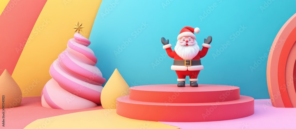 Aufkleber 3D rendering of a festive Santa Claus with a podium for product display against a colorful background