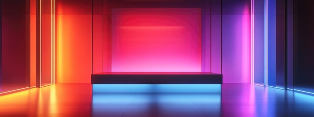 Fototapeta premium 3D rendering of a contemporary abstract geometric background featuring a minimalistic empty showcase illuminated with neon lights showcasing primitive architectural shapes shop display mockup glow