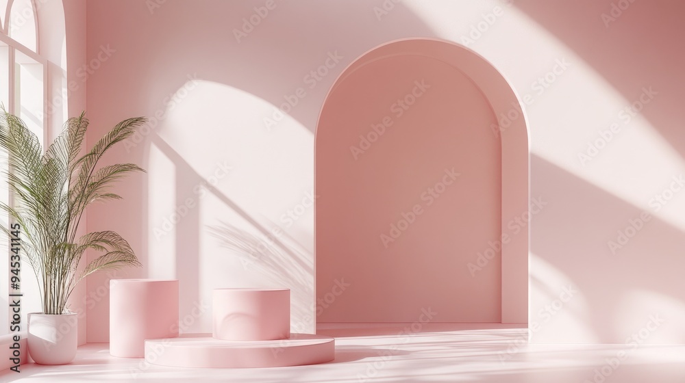 Aufkleber 3d rendered shapes for product display in a pastel minimal studio setting