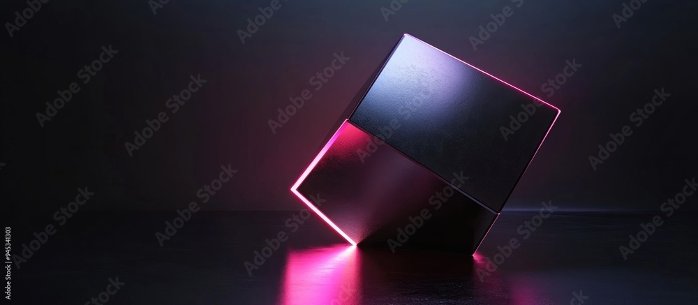 Poster 3d rendered black geometric shape illuminated by gradient neon lights against a dark background