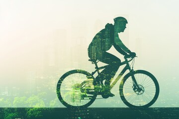 Fototapeta premium Double exposure image of a cyclist riding a bike overlaid with a cityscape, illustrating urban cycling and environmental awareness.