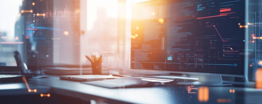 Modern office workspace with a computer screen displaying code, sunlight streaming through the window, and digital effects overlay.