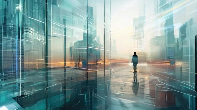 Future City Dreams: A lone figure contemplates a futuristic cityscape bathed in ethereal light, reflecting on the boundless possibilities and challenges of tomorrow. 