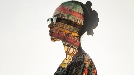 Silhouette of person with artistic, cultural pattern overlay. Profile view of creative double exposure technique.