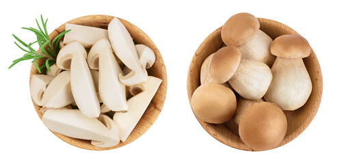 Fresh porcini cep mushroom slices in wooden bowl isolated on white background. Top view. Flat lay