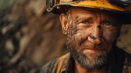 portrait of adult dirty male miner worker looking at camera close up with copy space banner. hard work. coal mining
