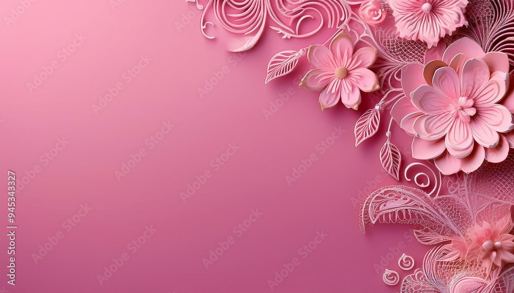 Wall mural pink background with lace-inspired floral patterns on the left side