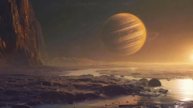 Jovian Sunset: A fiery sunset casts long shadows over an alien shore, with Jupiter dominating the twilight sky in a breathtaking cosmic landscape. 