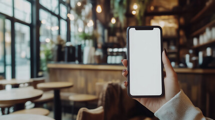 Cellulare con spazio per messaggio, testo o immagini. Sfondo con bar e colazione.