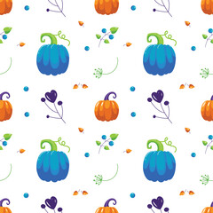 Vector colorful autumn seamless pattern with leaves, berries, pumpkins, herbs.Packaging design.