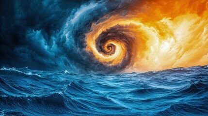 A stunning swirl of dark and light clouds over the ocean, creating a dramatic contrast in colors and energy.