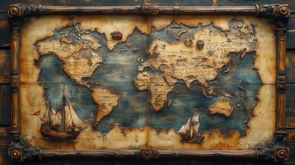 ancient nautical map with intricate illustrations of sea monsters sailing ships and mythical islands weathered parchment texture and faded ink create an authentic vintage aesthetic