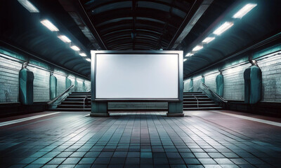 empty subway station, Metro station, empty subway platform, underground passage in a modern city; blank billboard
