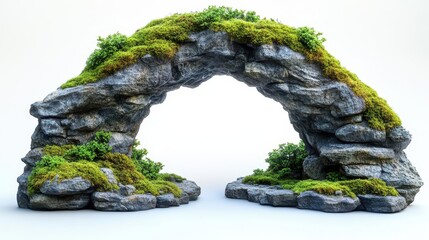 ancient stone arch with moss isolated on white natural rock formation resembling mystical portal emphasizing texture and organic shapes in earth tones