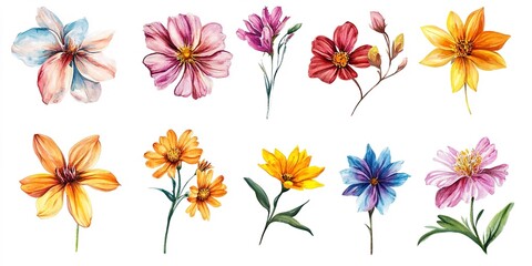 A set of beautiful flowers, each bloom painted with exquisite detail, Simple clipart isolated white background