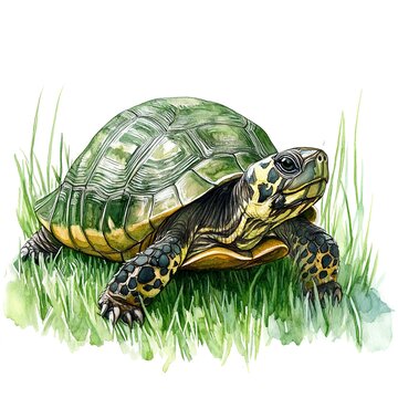 recommend clip art: watercolor clipart of a land turtle on the grass on white background