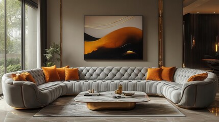 art deco inspired living room with velvet gray sofa and geometric marble coffee table luxurious gold accents and moody lighting