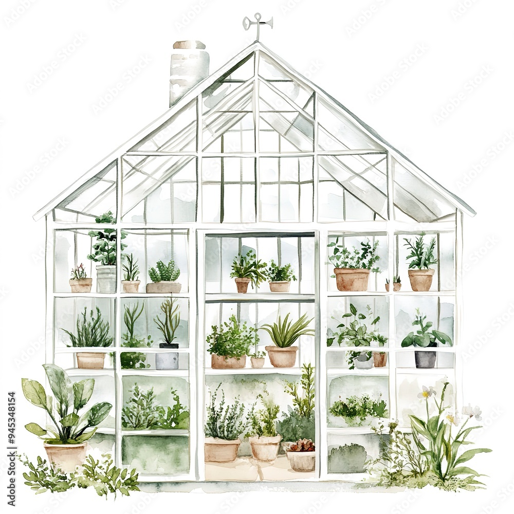 Poster Watercolor painting of a white greenhouse with potted plants clipart white background