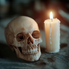 Obraz premium Frightening skull illuminated by a flickering candle, shadows dancing around it, creating an eerie and chilling atmosphere, skull concept