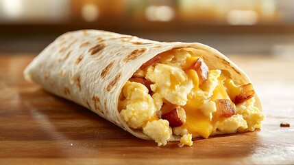Tasty breakfast burrito with eggs and cheese on a wooden table