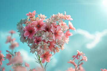Fototapeta premium Heart-shaped arrangement of delicate pink flowers under a bright sky.