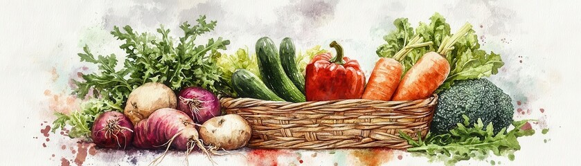 Organic vegetable basket, with roots and greens, Watercolor style
