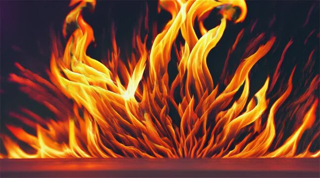 Abstract fire texture motion background. Yellow, red and orange flames glowing with hot burning. Explosion, nuclear bomb, flames burst on dark background.