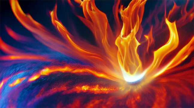 Abstract fire texture motion background. Yellow, red and orange flames glowing with hot burning. Explosion, nuclear bomb, flames burst on dark background.